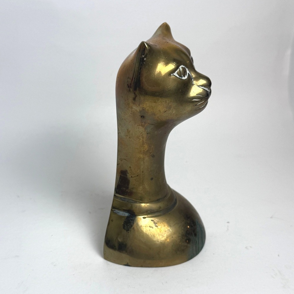 Vintage Solid Brass Cat Head Bookend Mid Century Modern MCM Decorative Sculpture